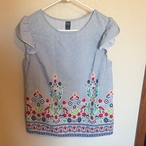 Knox Rose Blue and White Striped Floral Blouse